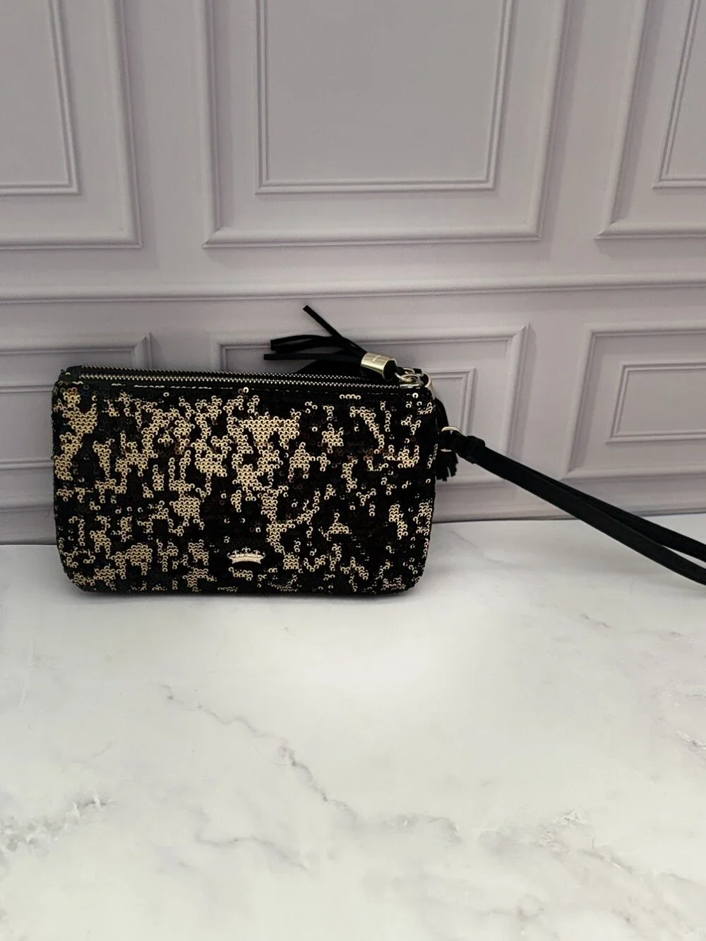 Juicy Couture Black Gold Sequin Double Zip Wristlet Clutch Wallet Tassel Bag